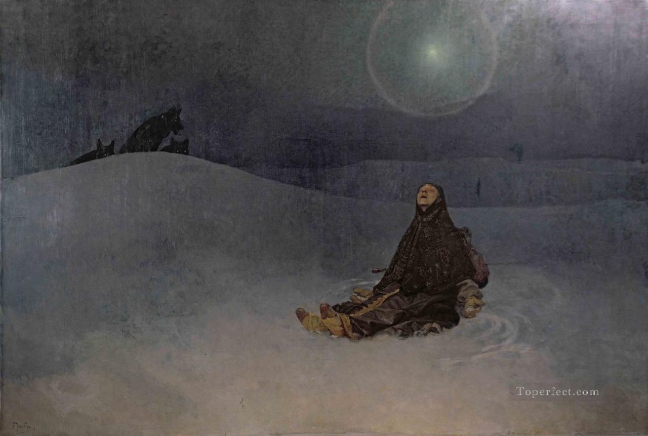 Estrella 1923 Noche de invierno Mujer en estado salvaje lobo Pintura al óleo